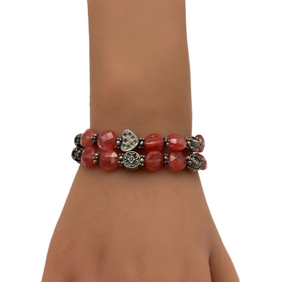 Sterling Silver 925 Cherry Quartz Double Row Beaded Bracelet - Picture 1 of 3